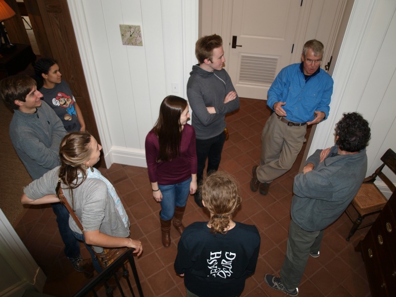 Jim explaining why the house is named the "V" House.